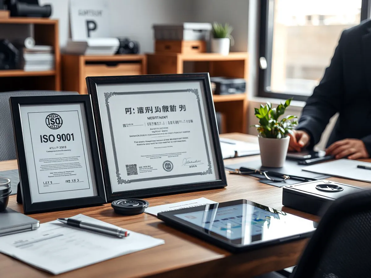 ISO 9001质量管理体系认证证书摆放在办公桌上